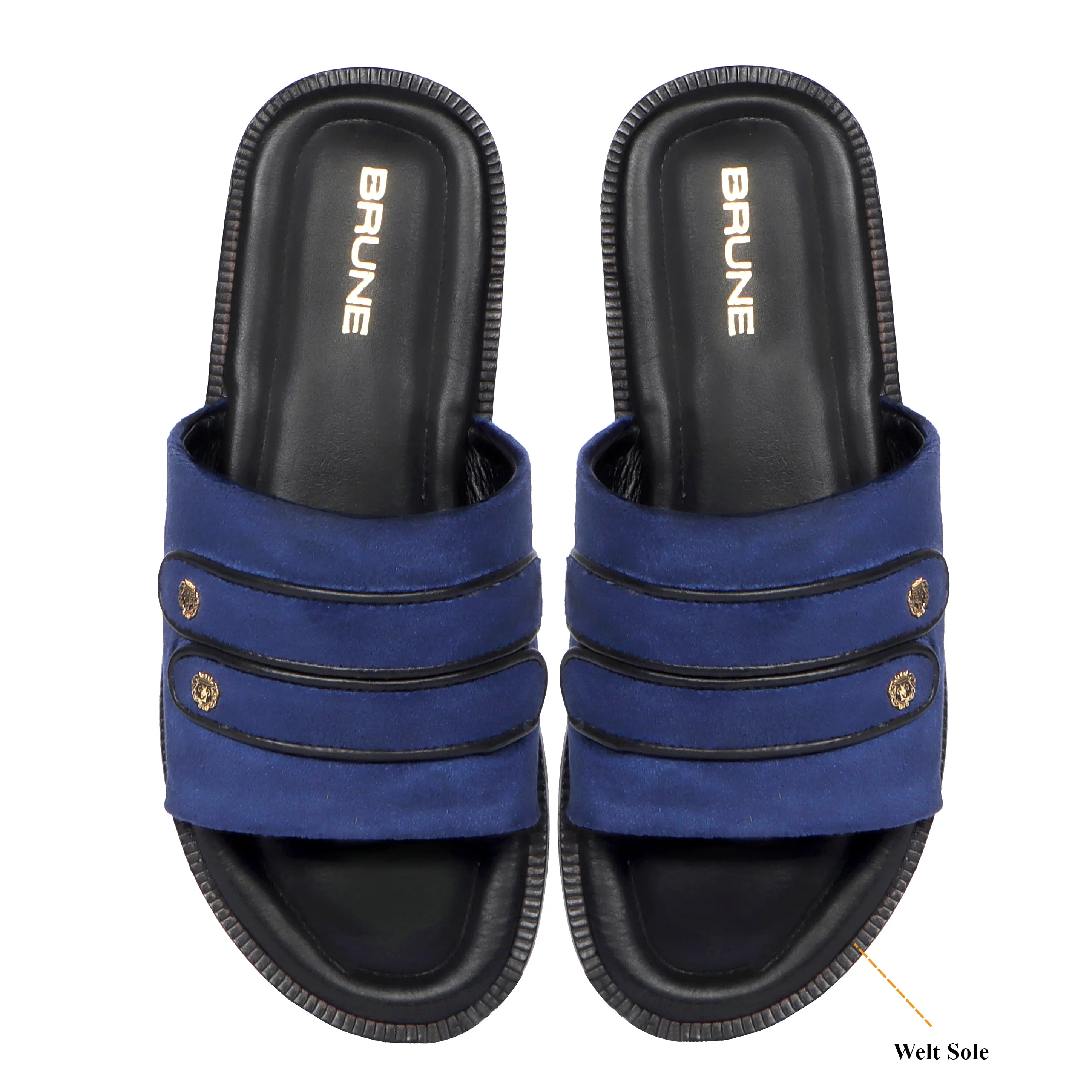 Welt Slide in Slippers with Blue Italian Velvet Two Strapped