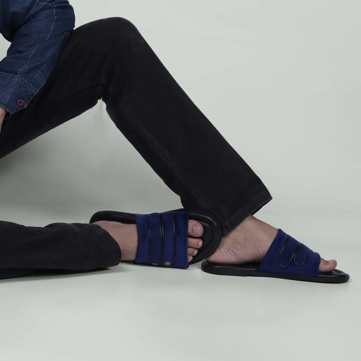 Welt Slide in Slippers with Blue Italian Velvet Two Strapped