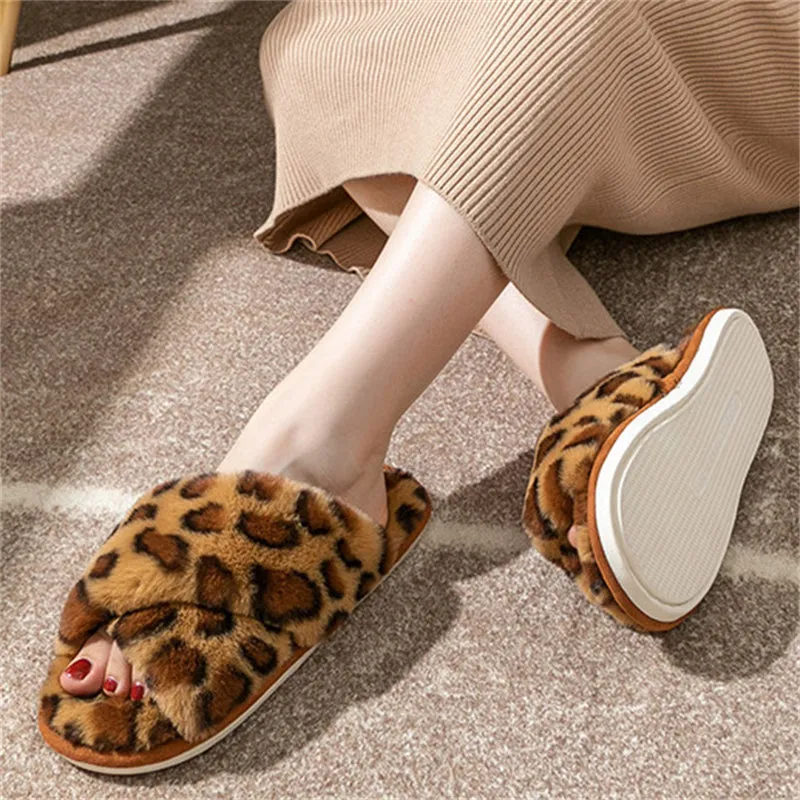 Winter Lovely Leopard Print Cross Straps Suede Women Slippers