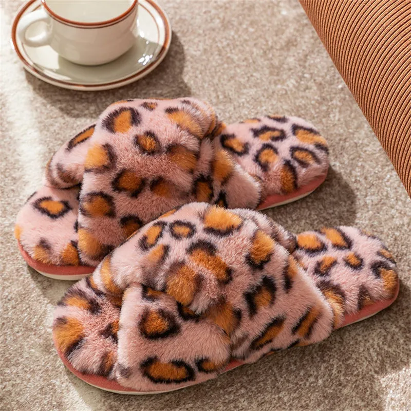 Winter Lovely Leopard Print Cross Straps Suede Women Slippers