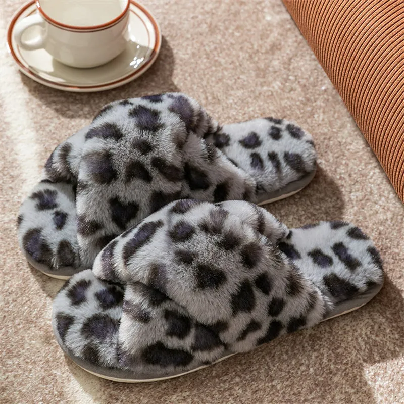 Winter Lovely Leopard Print Cross Straps Suede Women Slippers