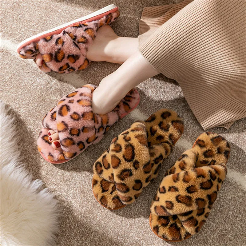 Winter Lovely Leopard Print Cross Straps Suede Women Slippers
