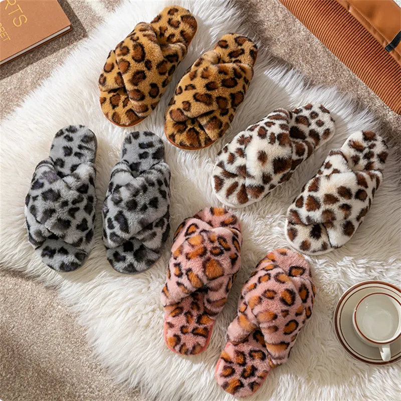 Winter Lovely Leopard Print Cross Straps Suede Women Slippers