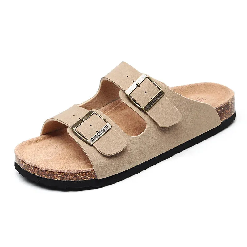 Women Leather Clogs buckle sandals Slippers Soft Cork Two Buckle Women Slides