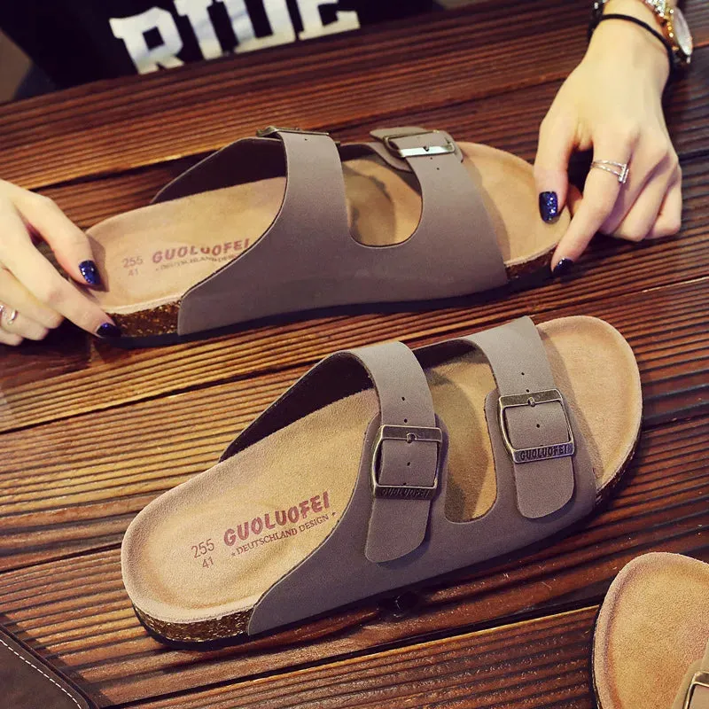 Women Leather Clogs buckle sandals Slippers Soft Cork Two Buckle Women Slides