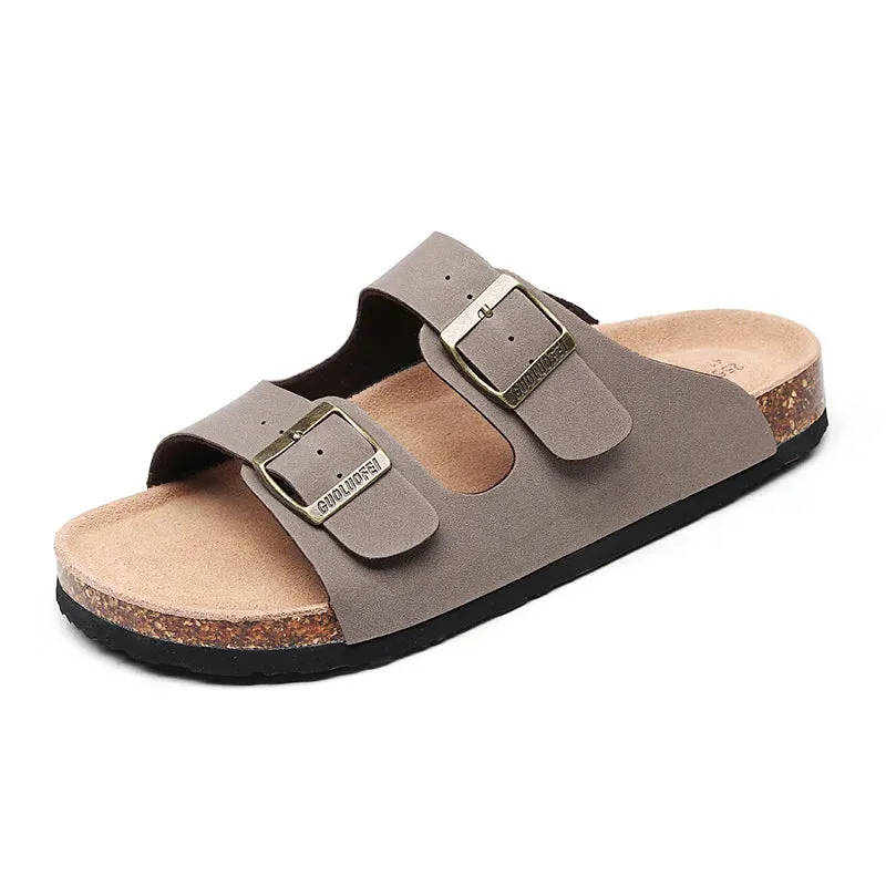 Women Leather Clogs buckle sandals Slippers Soft Cork Two Buckle Women Slides