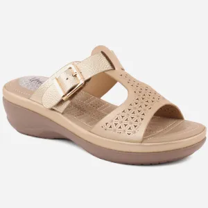 Women "XIMENA" Open Toe Perforated Buckled Wedge Slippers