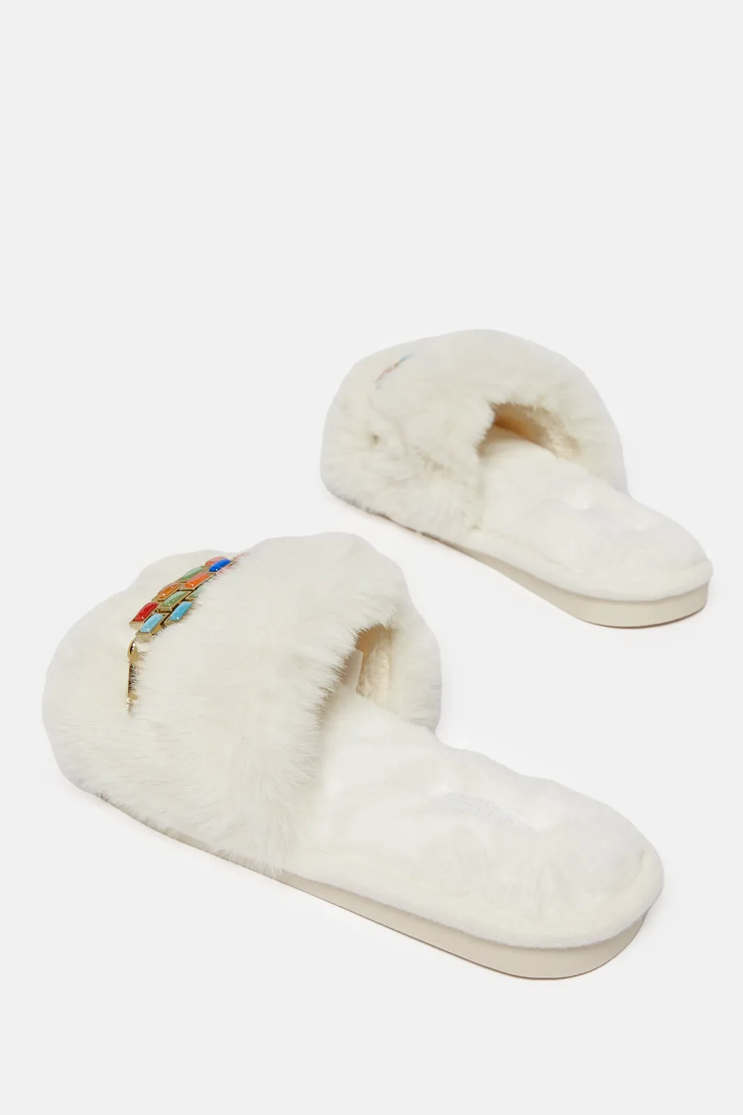 Women White Embellished Slipper