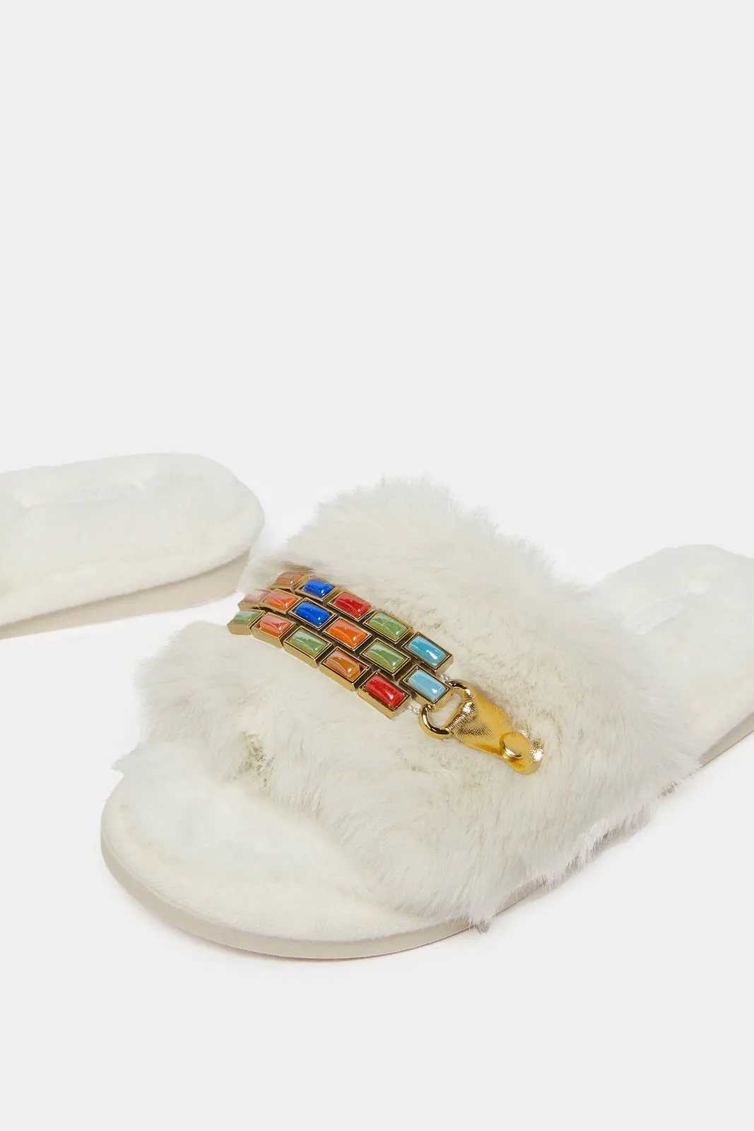 Women White Embellished Slipper