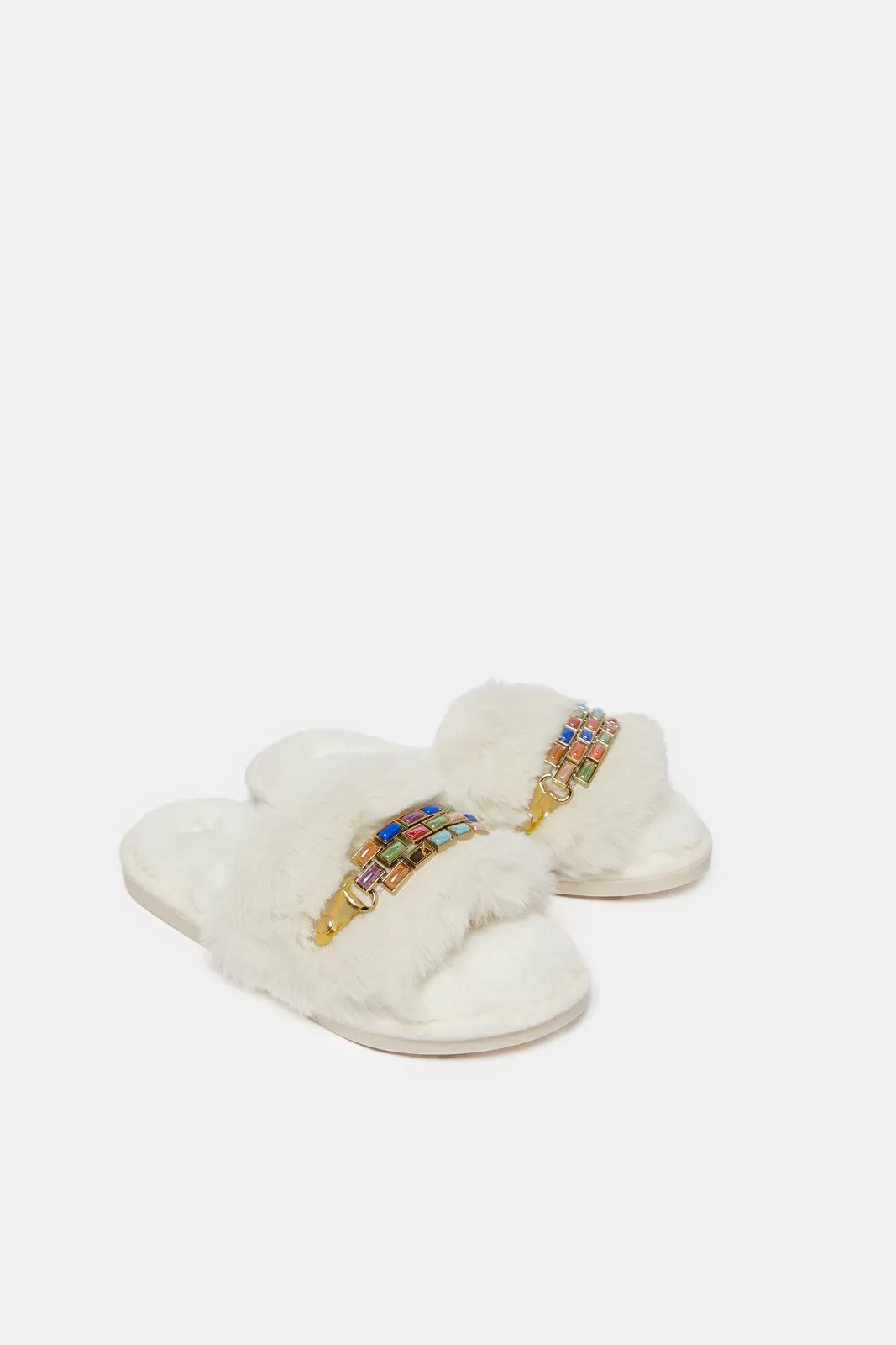 Women White Embellished Slipper