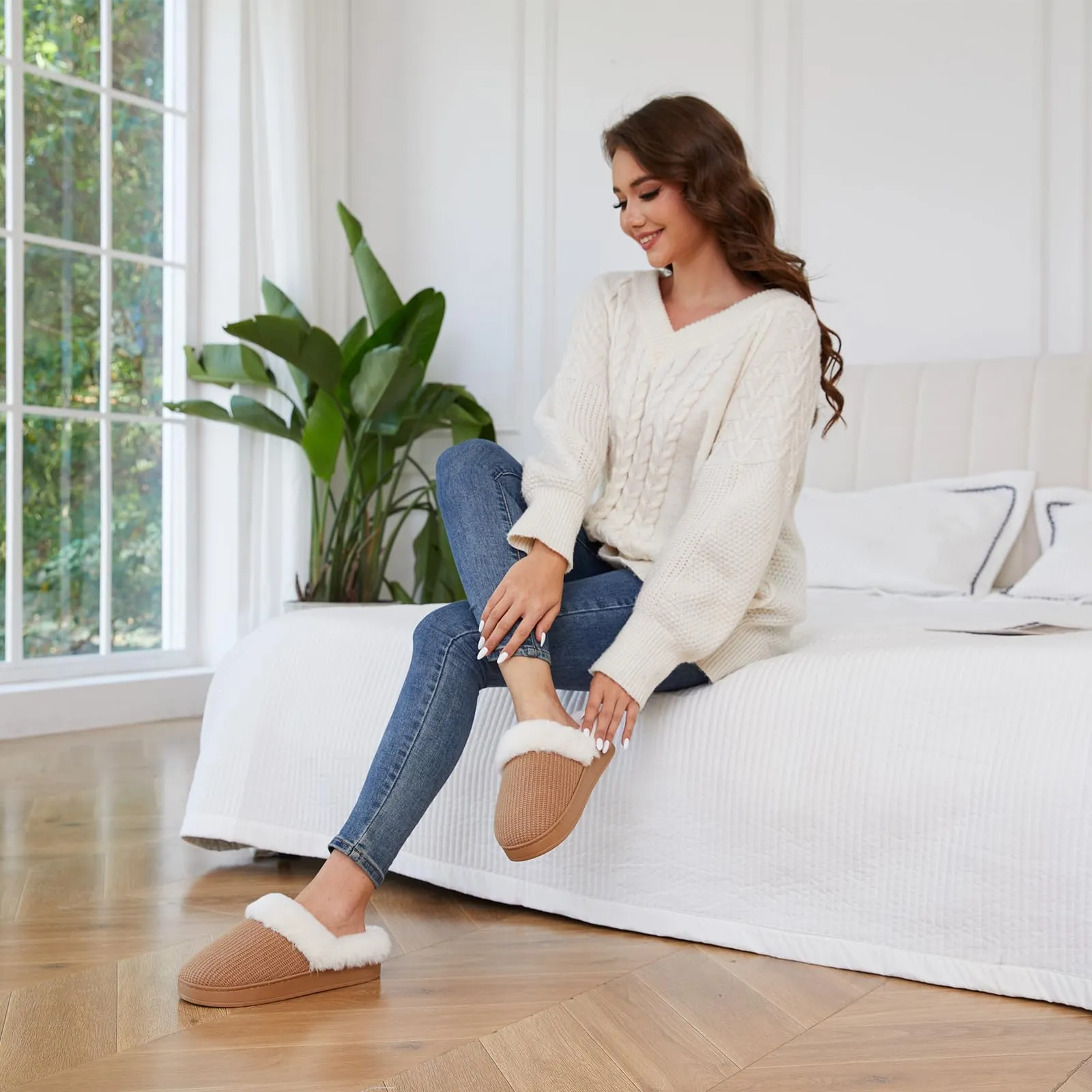 Women's Cotton Slippers with Plush Inner Lining and Memory Foam Soles