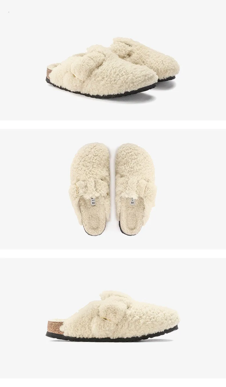 Women's Fleece-lined Cork Clog Fluffy Slippers