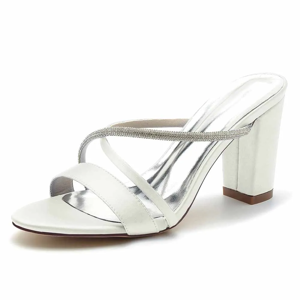 Women's Open Toe Heeled Slippers Rhinestone Satin Pump Party Prom Chunky Sandals