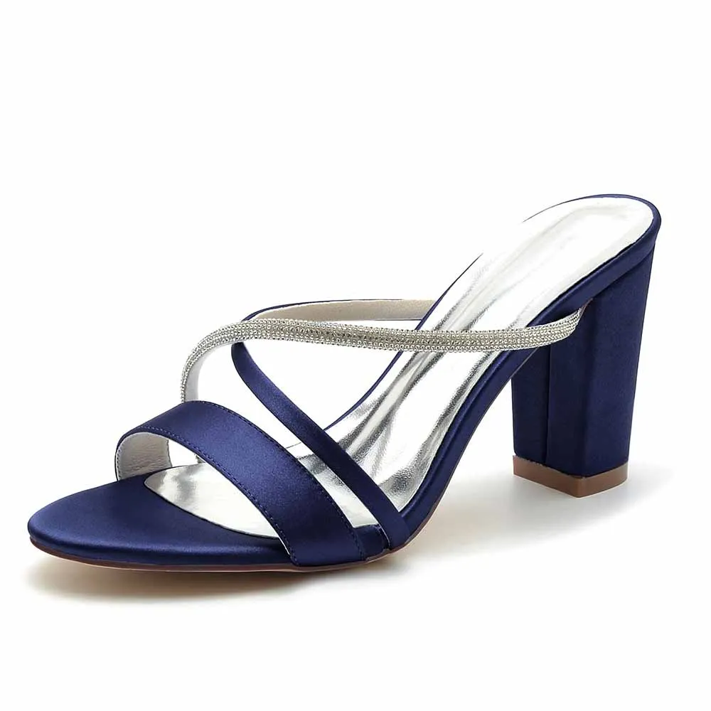 Women's Open Toe Heeled Slippers Rhinestone Satin Pump Party Prom Chunky Sandals