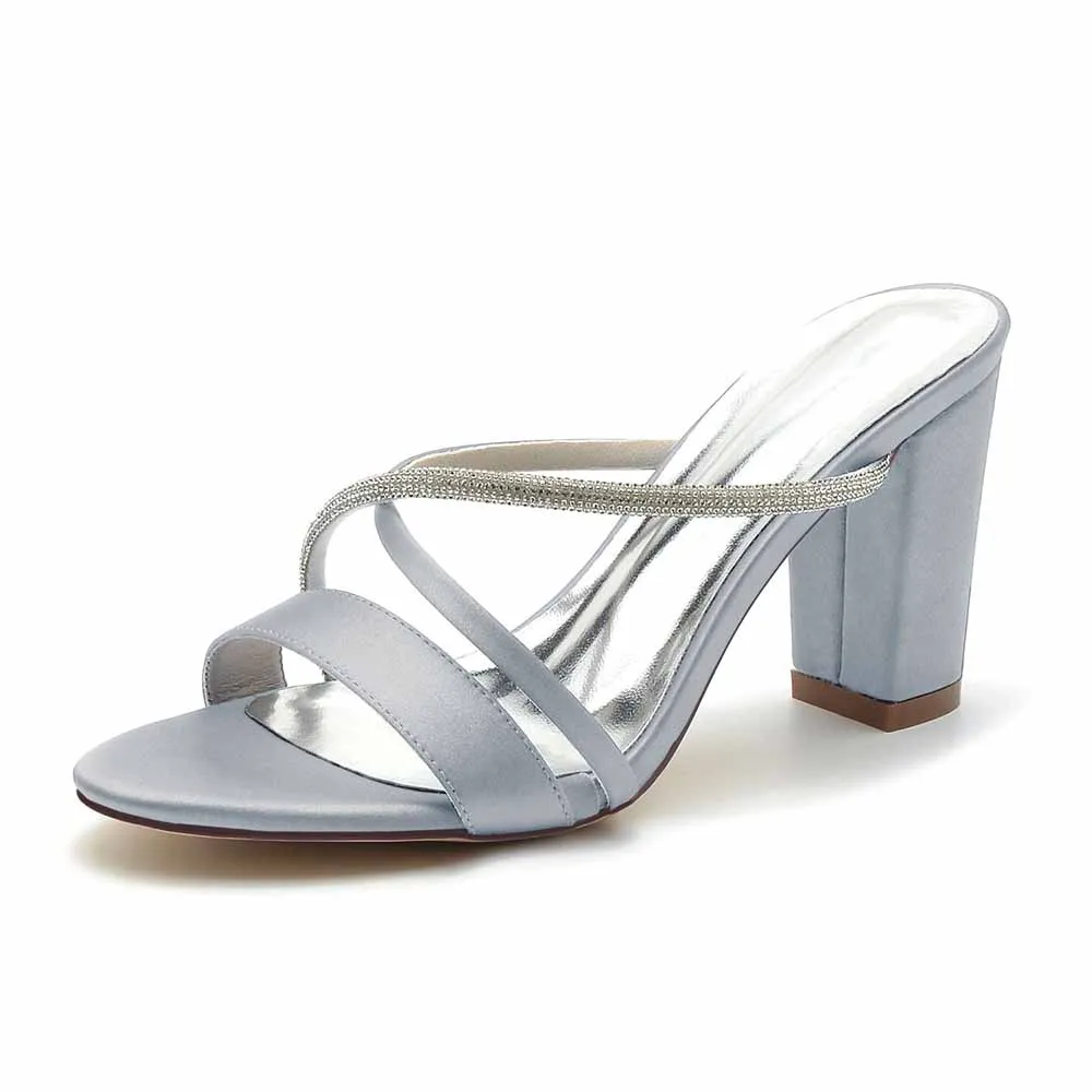 Women's Open Toe Heeled Slippers Rhinestone Satin Pump Party Prom Chunky Sandals