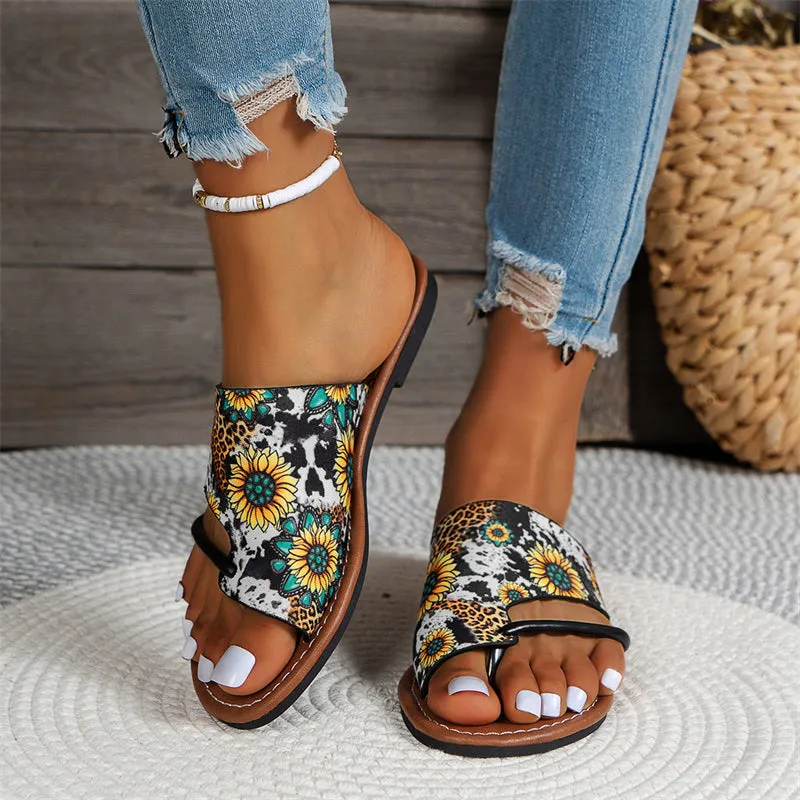 Women's Sunflower Printed Vogue Toe Loop Slippers