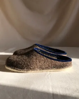 Wool Slippers - Brown W/Blue Velvet Trim