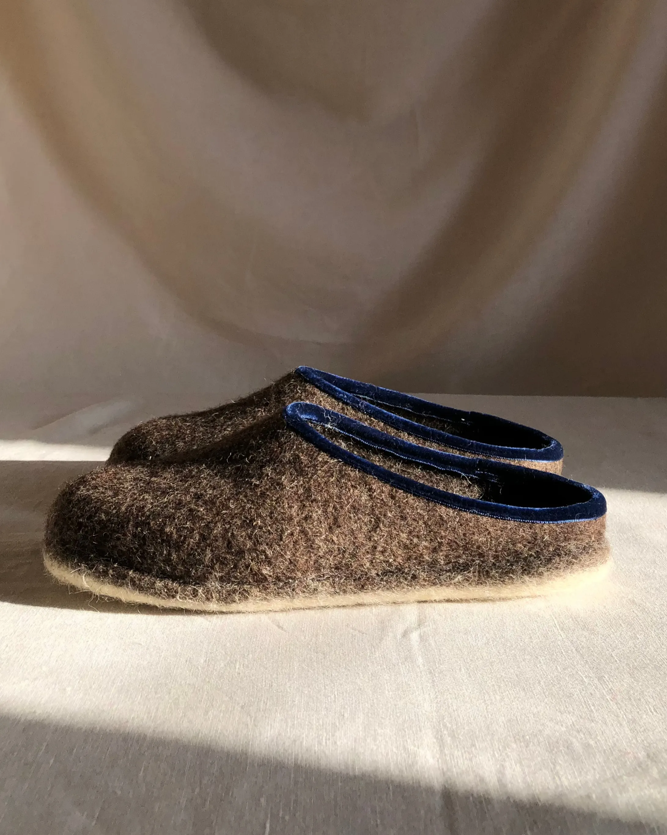 Wool Slippers - Brown W/Blue Velvet Trim