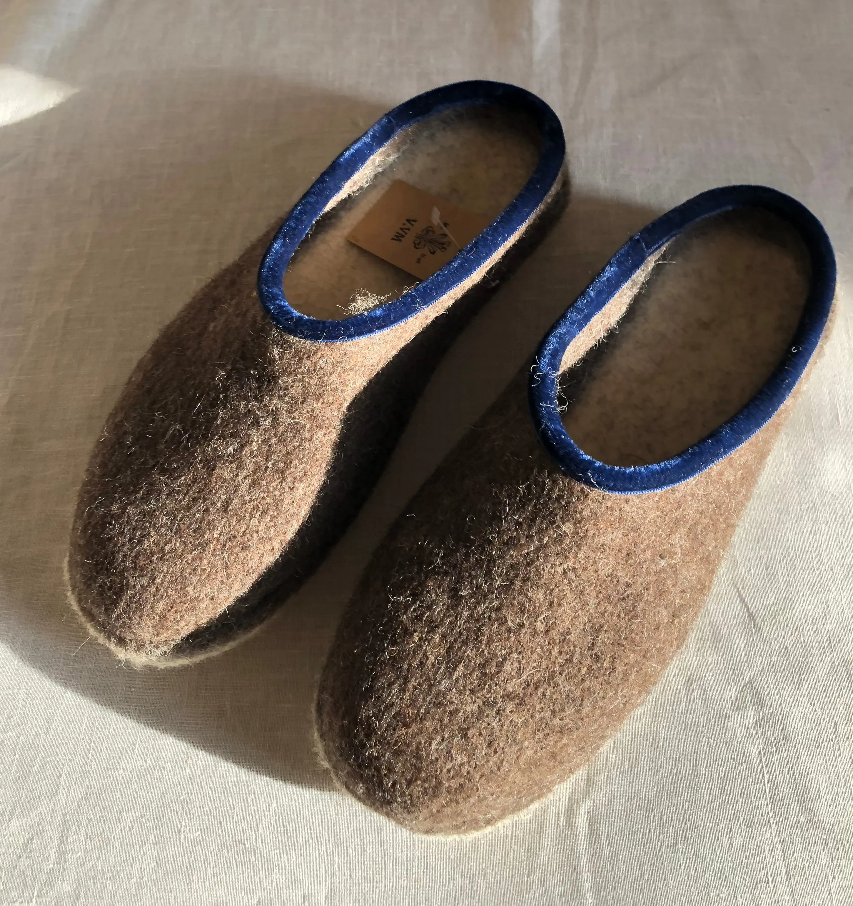 Wool Slippers - Brown W/Blue Velvet Trim