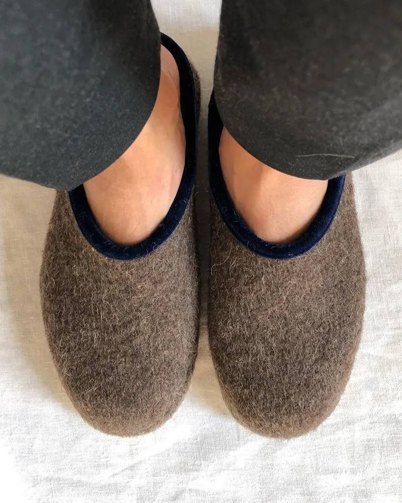 Wool Slippers - Brown W/Blue Velvet Trim