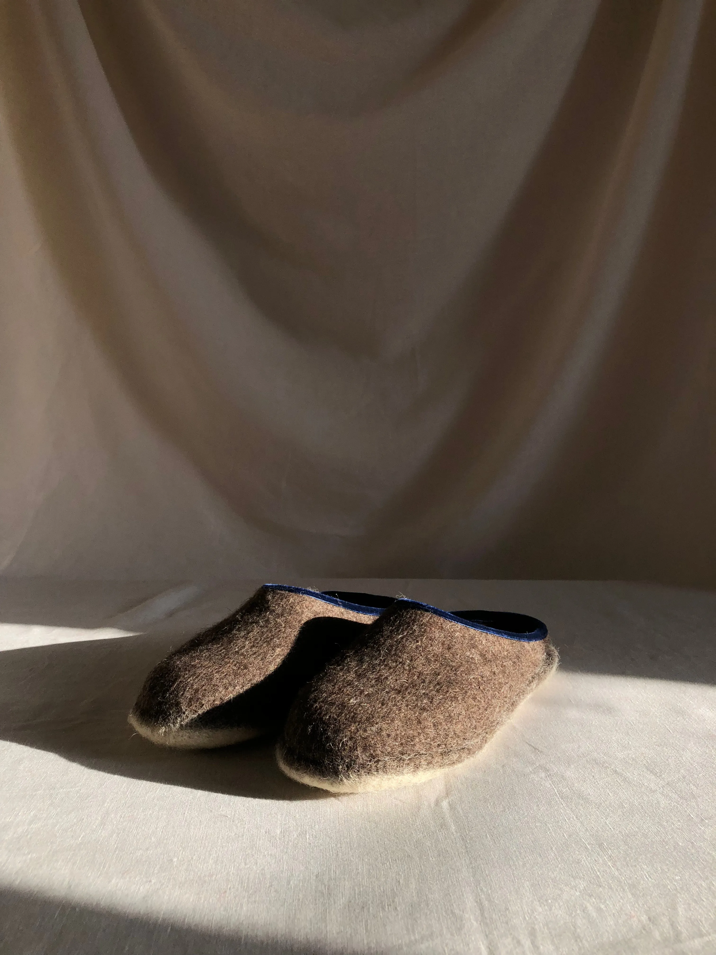 Wool Slippers - Brown W/Blue Velvet Trim