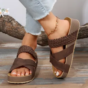 Woven Cross-strap Slippers Summer Platform Sandals Women’s Flat Beach Shoes