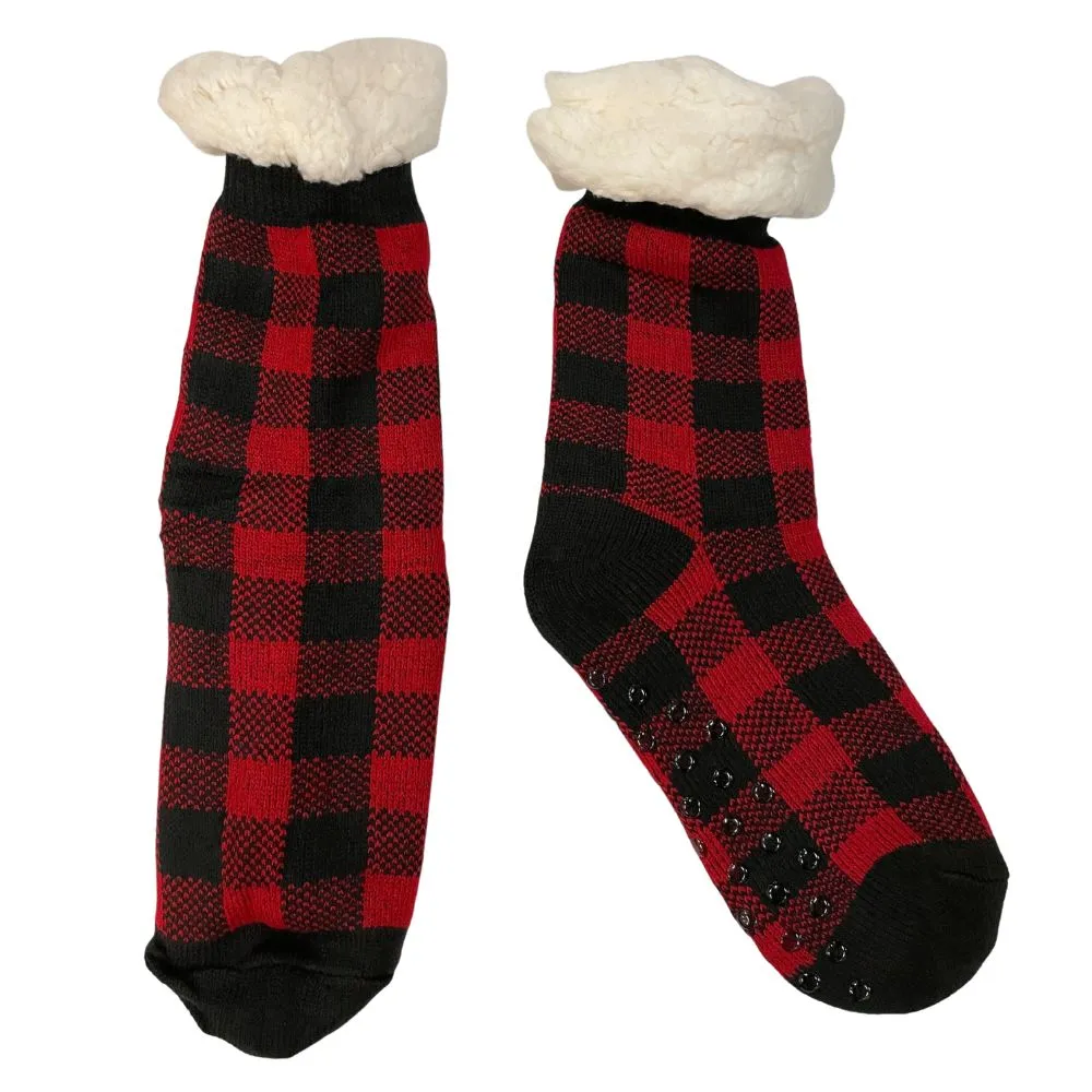 Wrapping Paper Plaid Sherpa Lined Socks in Red